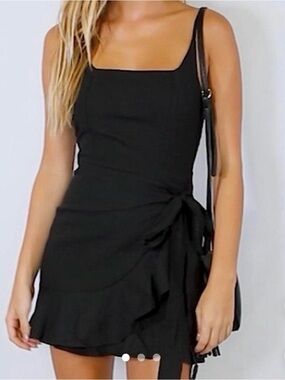 Princess Polly Black Square-Neck Tie-Waist Ruffle Mini Dress